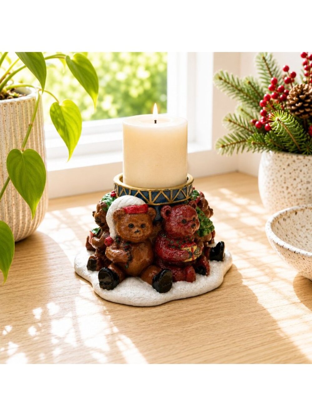 Vintage Handmade Christmas Bear Candle Holder With Hand-Painted Festive Design 4